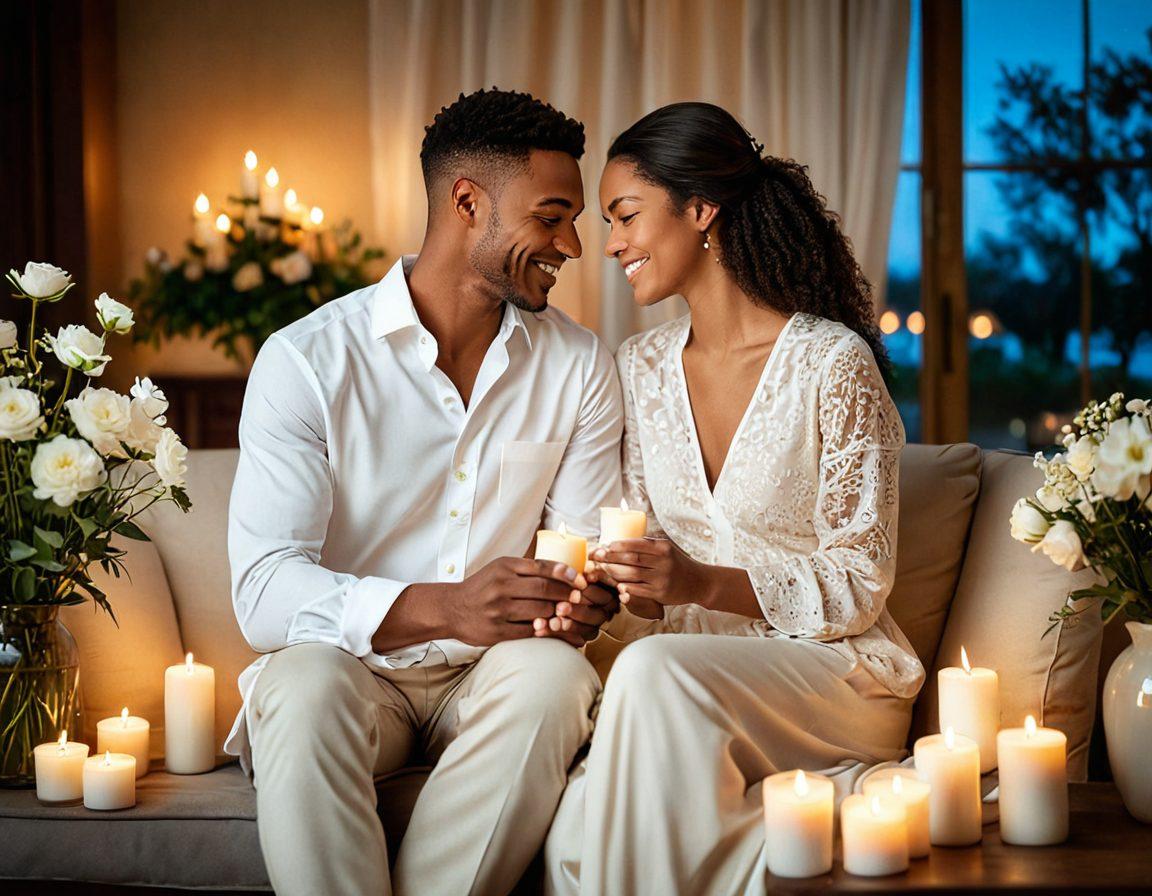An intimate scene depicting a couple sitting close together, surrounded by soft, warm lighting that highlights their genuine smiles and connection. Include elements of nature like flowers and soft fabric to symbolize comfort and intimacy in the setting. Emphasize a harmonious blend of wellness symbols, such as essential oils and calming candles, to evoke a sense of tranquility. The overall feel should be inviting and romantic. super-realistic. warm colors. soft focus.