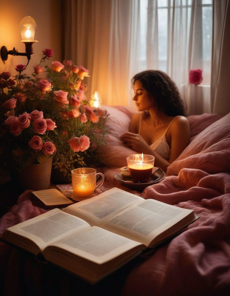 A cozy reading nook with soft lighting, plush pillows, and a stack of erotic literature. An open book reveals tantalizing passages, surrounded by delicate rose petals and a steaming cup of herbal tea. A silhouette of a couple is visible in the background, hinting at connection and intimacy. The scene evokes warmth and sensuality, inviting the viewer to indulge in exploration. soft focus. warm colors. intimate atmosphere.