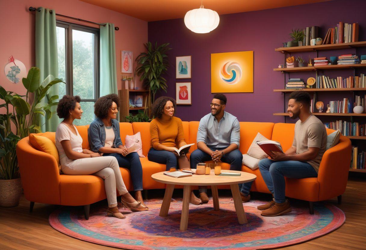 A diverse group of adults engaged in a lively discussion, surrounded by colorful illustrations of various fetishes, consent symbols, and healthy communication tips. The setting is inviting, with an atmosphere of openness and respect, represented by soft lighting and cozy furniture. Include a central table with books and guides about fetishes and consent, enhancing the theme of exploration. Emphasize warmth and inclusivity in the color palette. vibrant colors. 3D.